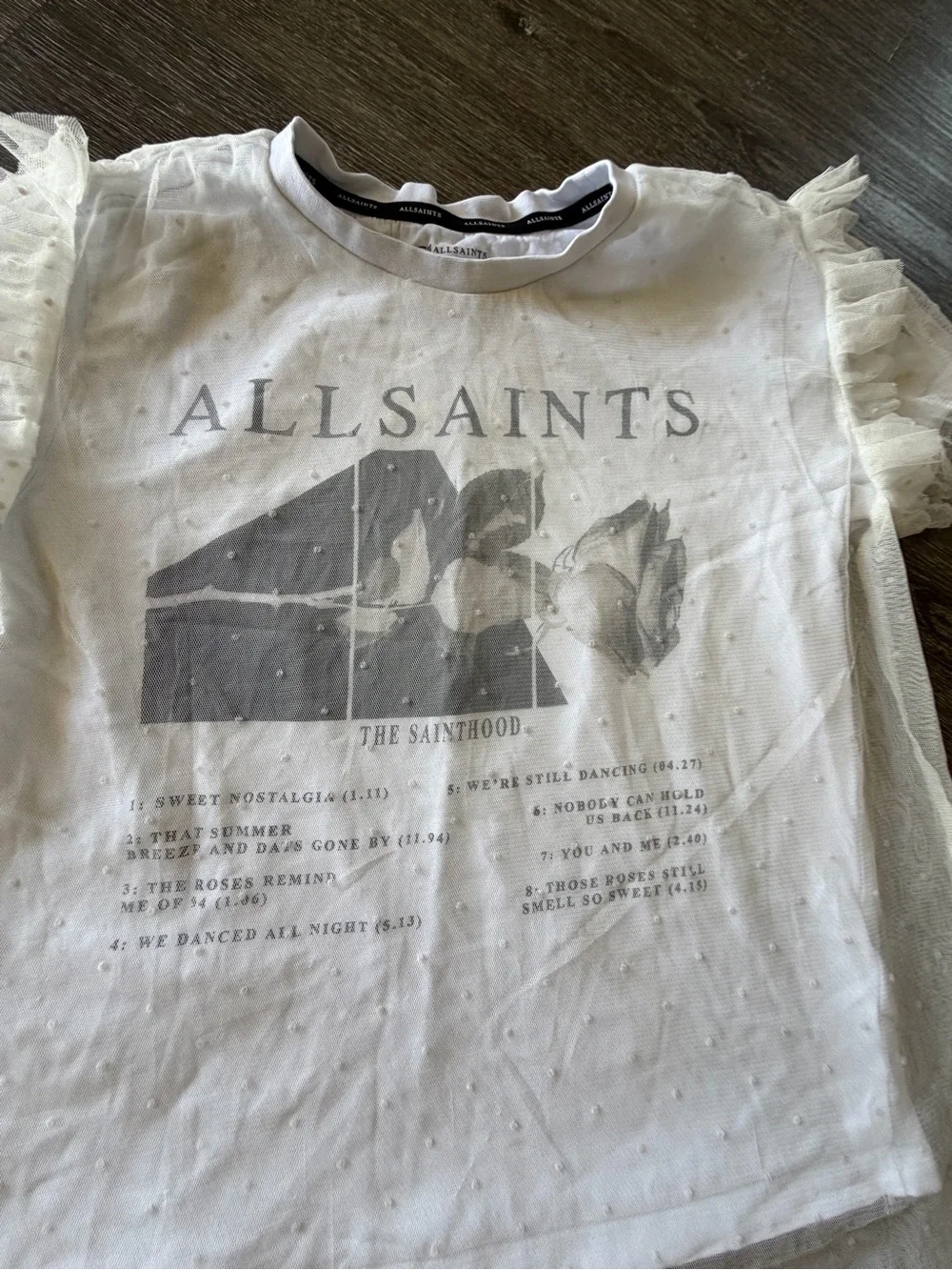 All Saints White Graphic Tulle Sleeve Tee